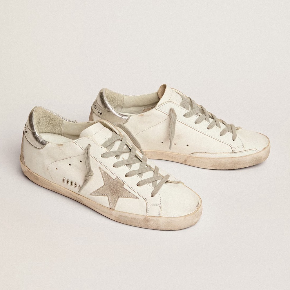 Golden Goose Women's Super-Star (38) silver heel tab + metal stud lettering